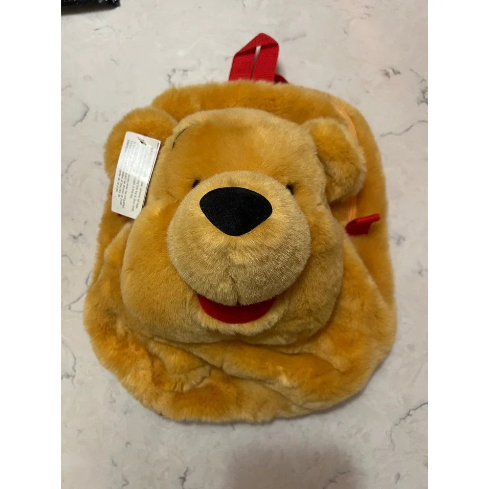 Disney Store Winnie the Pooh Plush Backpack Faux Fur Yellow Red Straps RN84167